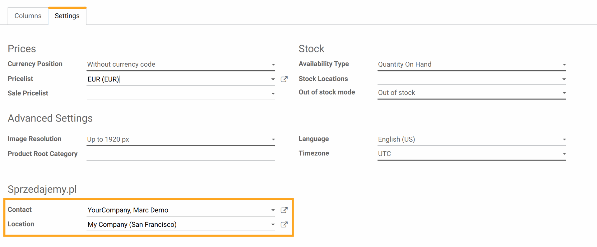 Odoo 14.0 Sprzedajemy.pl feed settings