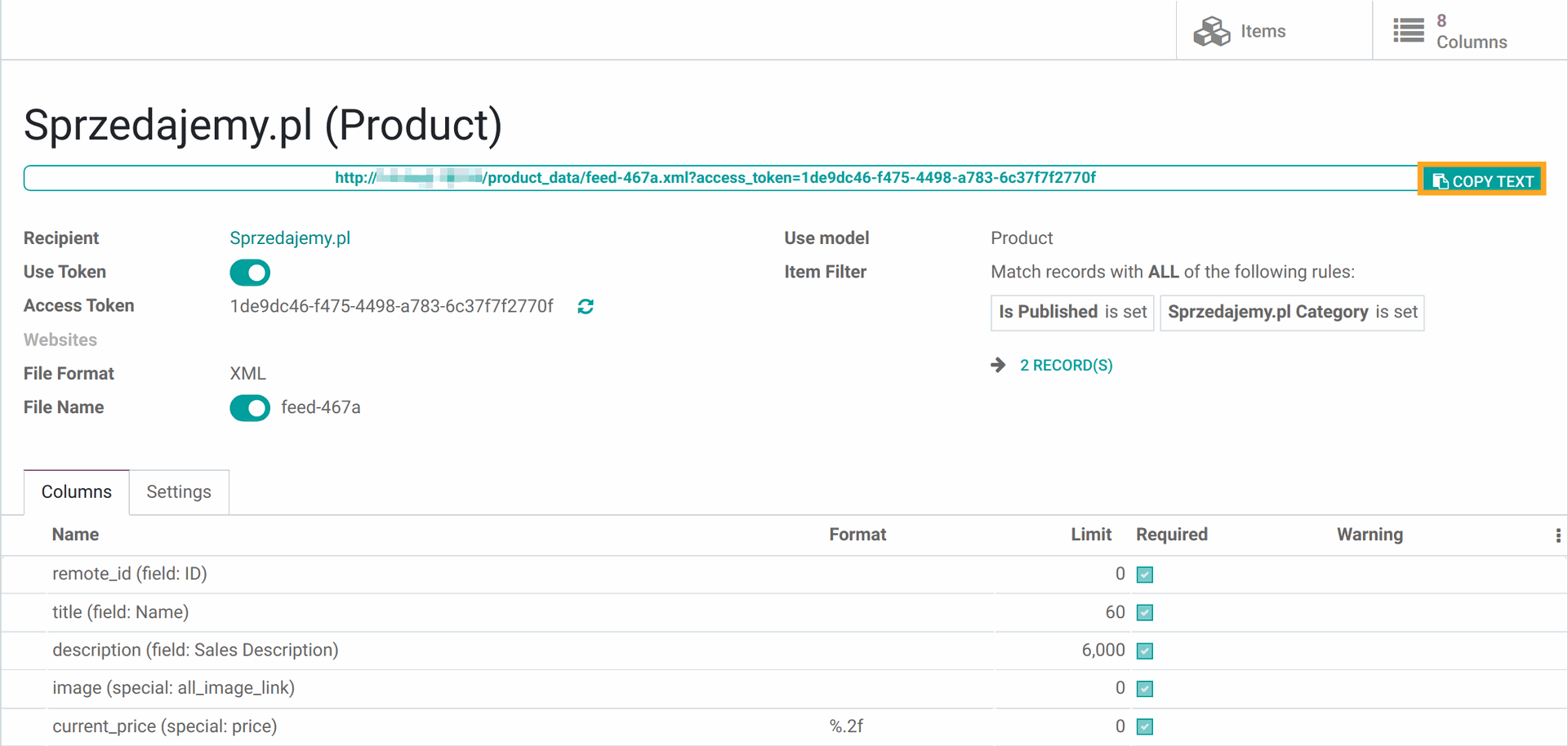 Odoo 14.0 Sprzedajemy.pl XML feed URL