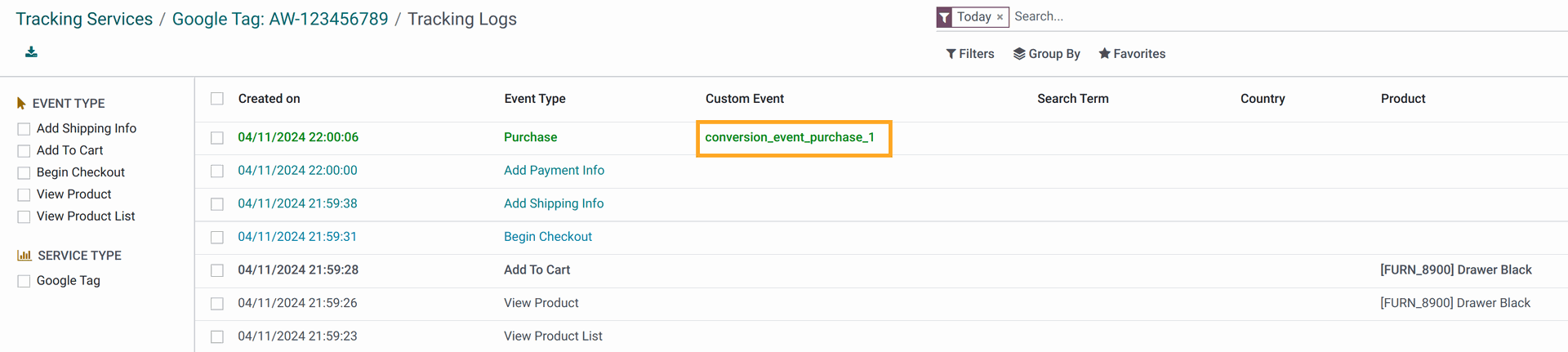 Odoo Google Ads Conversion action custom event logging 17.0