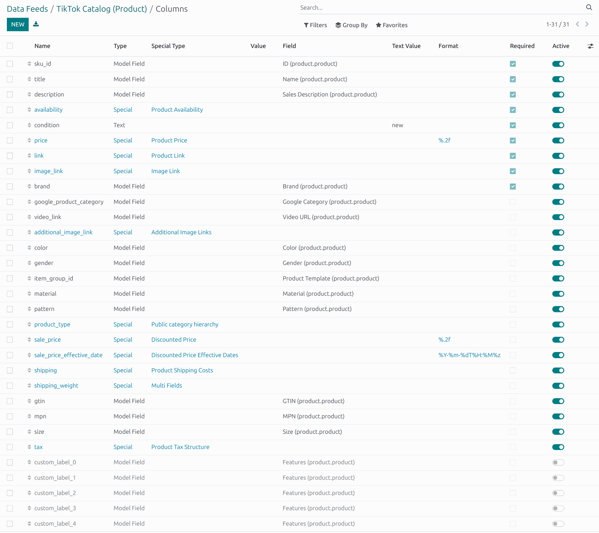 Odoo TikTok Catalog feed required and optional columns and fields in 18.0