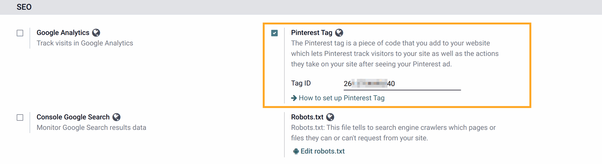 Odoo 15.0.0 Website Pinterest Tag configuration