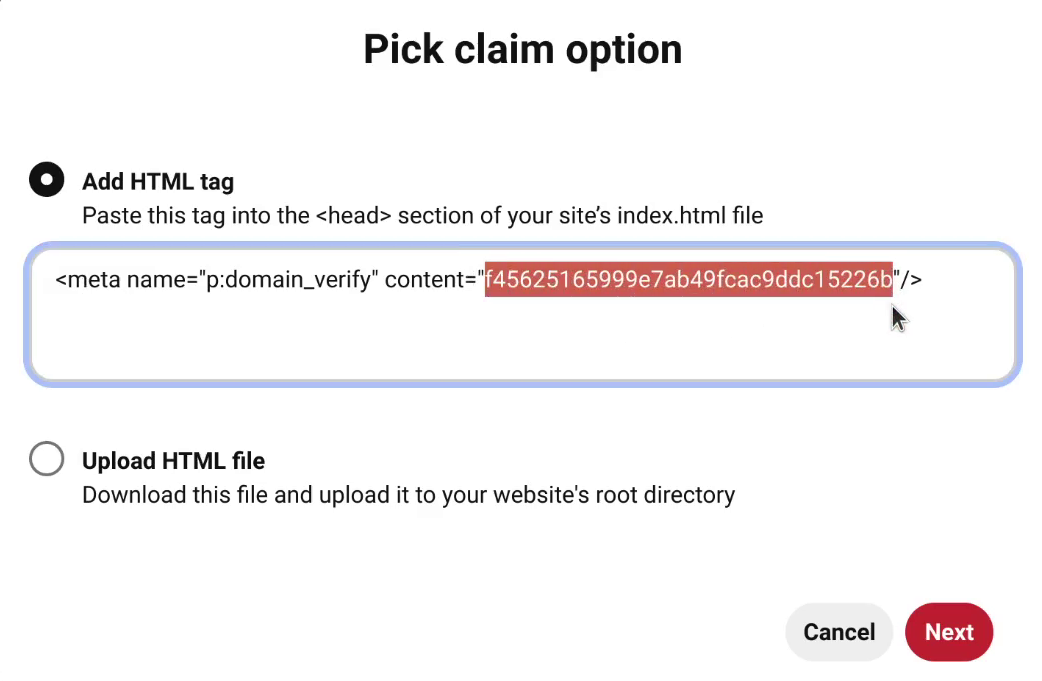 Odoo Pinterest claim website get verification code 16.0