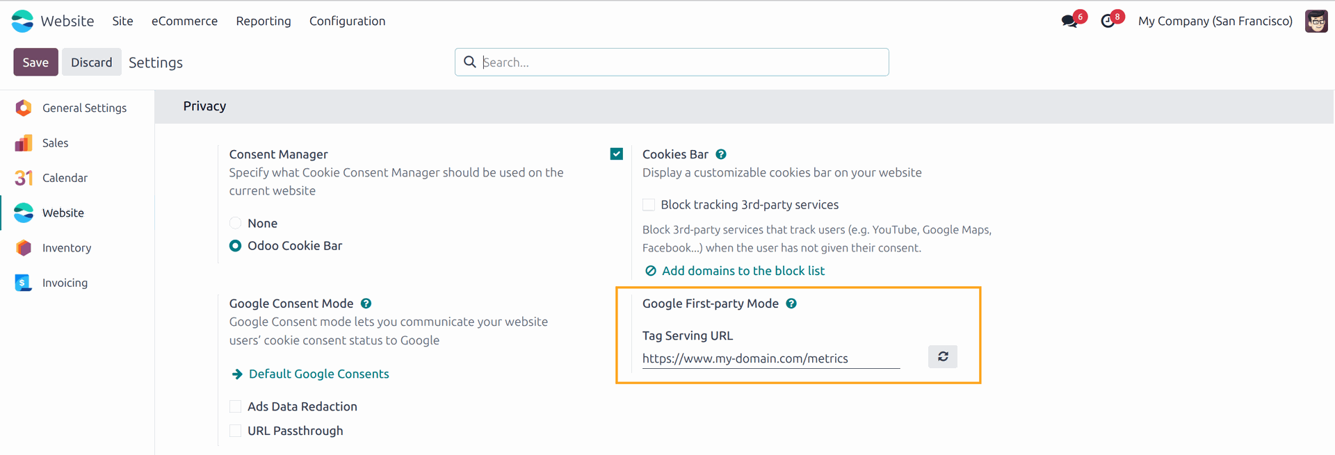 Google First-party Mode Tag serving domain setting in Odoo 18.0
