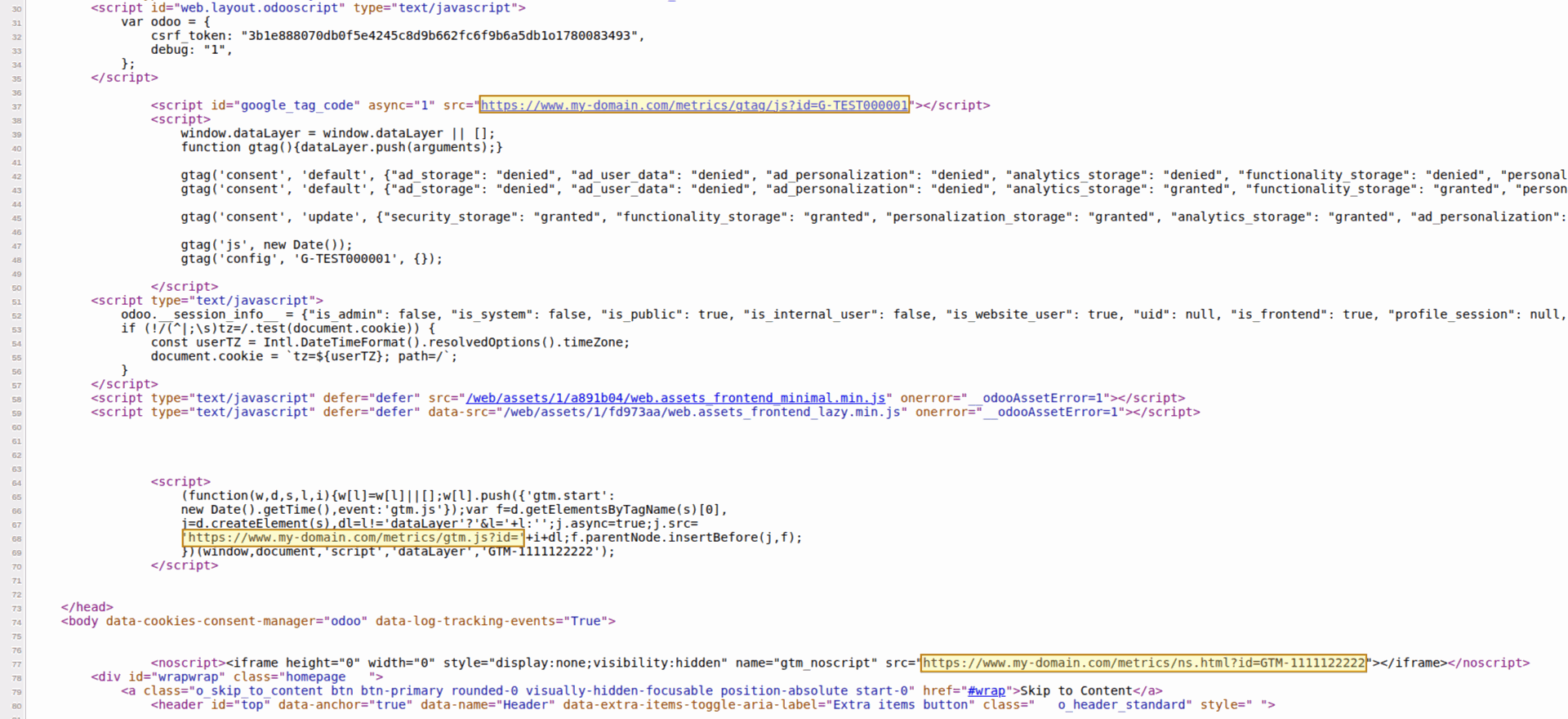 Google Tag script with the first-party mode, serving url for own server in Odoo 18.0