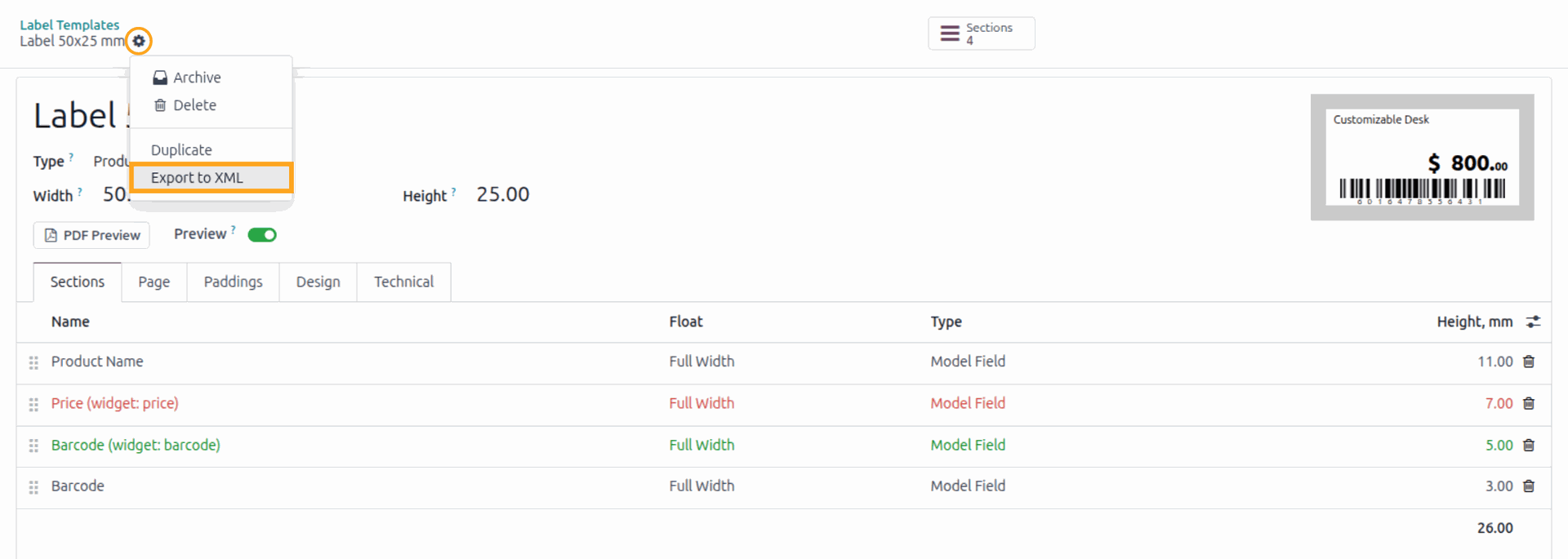 Export label template to XML file in Odoo 18.0
