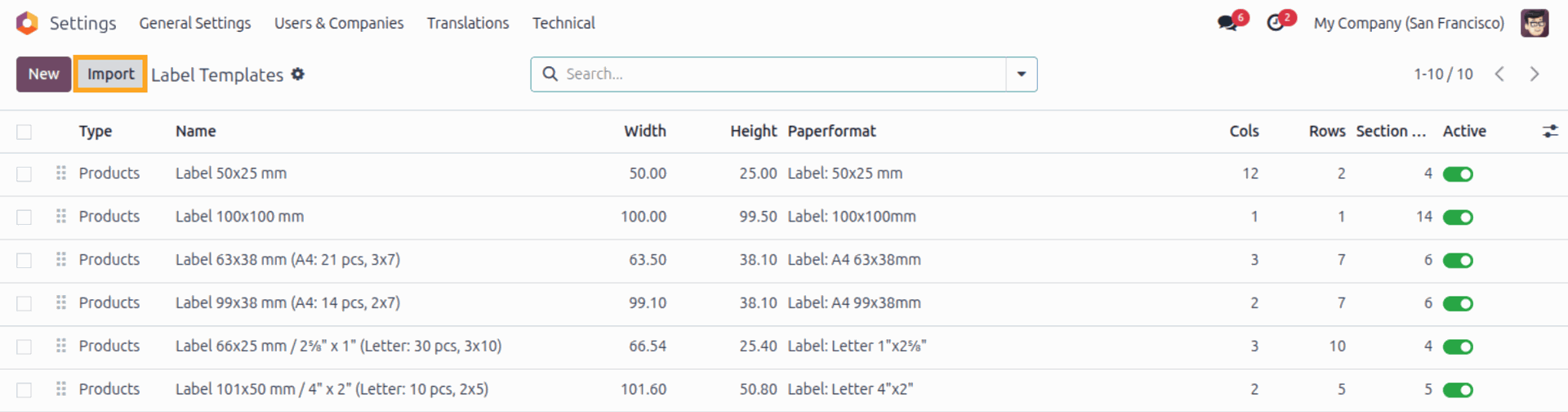Import label template from XML file in Odoo 18.0