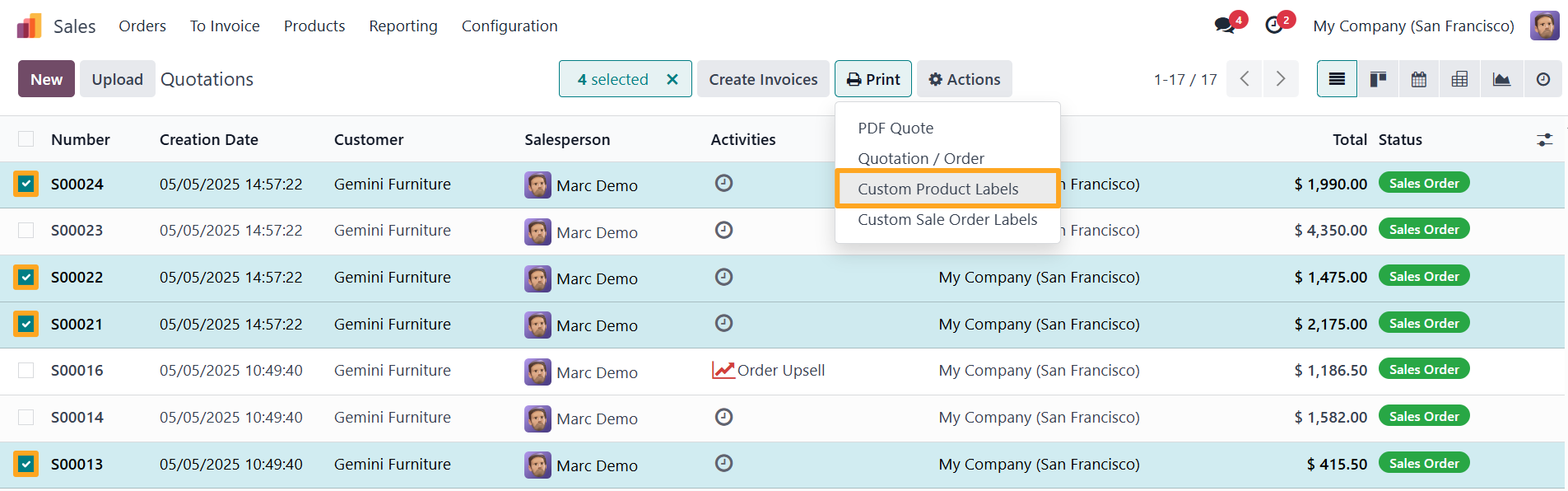 Odoo 18.0 Select Quotations Sales Orders Print Custom Product Labels