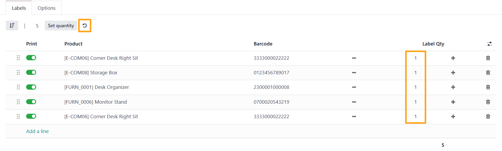Odoo 18.0 Custom Product Labels Print Wizard Reset Quantity