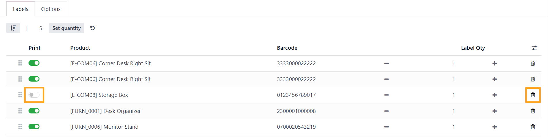 Odoo 18.0 Custom Product Labels Print Wizard Exclude Deactivate Delete