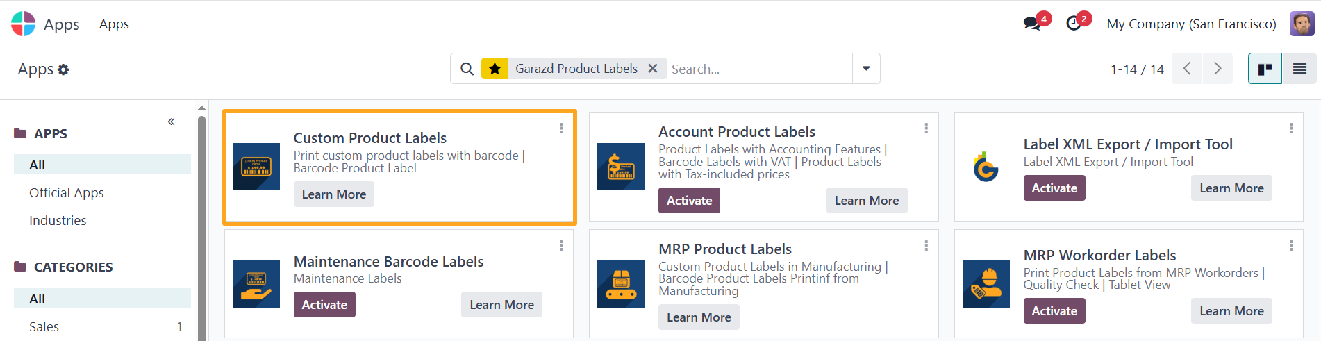 Odoo 18.0 Custom Product Labels module app activation