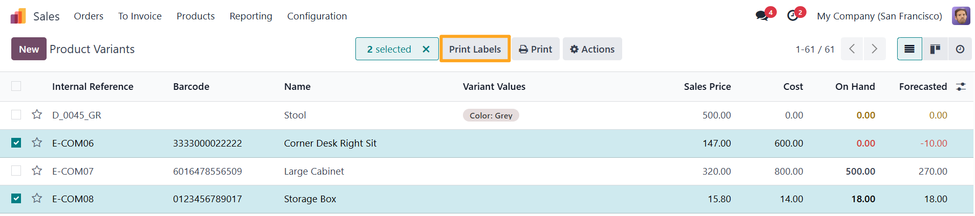 Odoo 18.0 Product Variants Print Labels Button