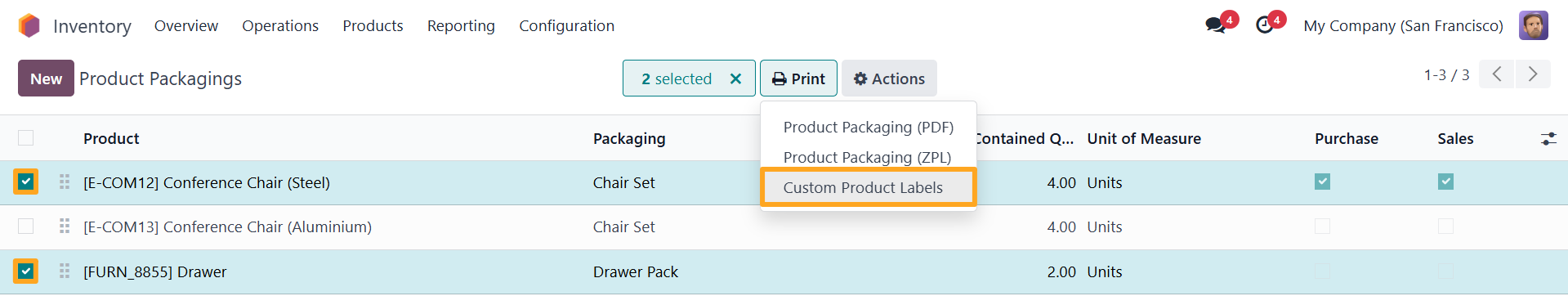 Odoo 18.0 Inventory App Product Packagings Print Custom Product Labels