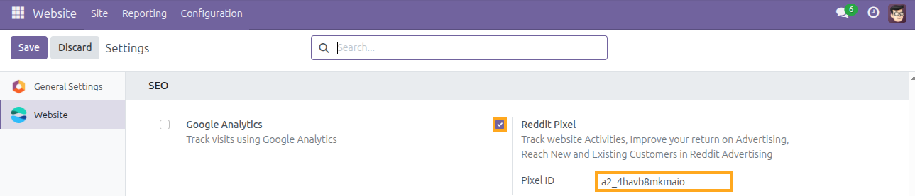Odoo Reddit Pixel Integration Configuration