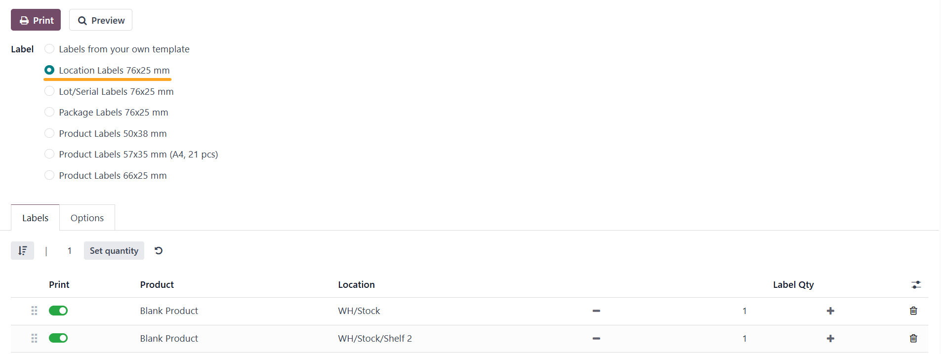 Odoo 18.0 Inventory App Stock Locations Custom Location Labels Print Wizard