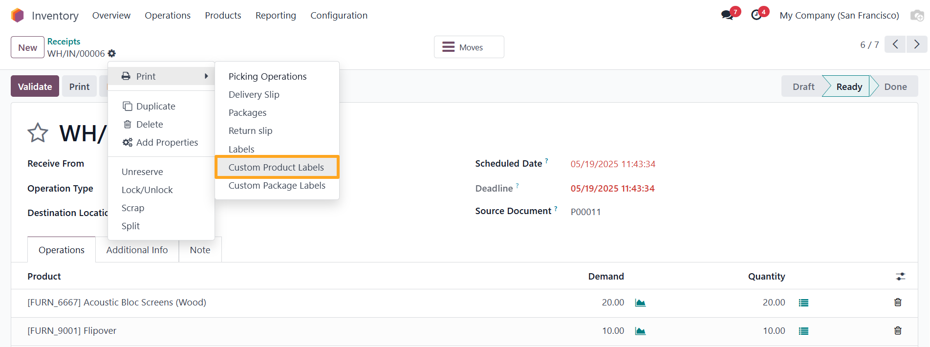 Odoo 18.0 Inventory App Stock Operations Transfers Receipts Picking Print Custom Product Labels