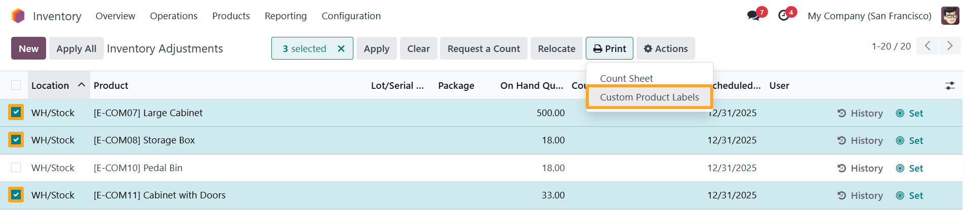 Odoo 18.0 Inventory App Stock Operations Adjustments Physical Print Custom Product Labels