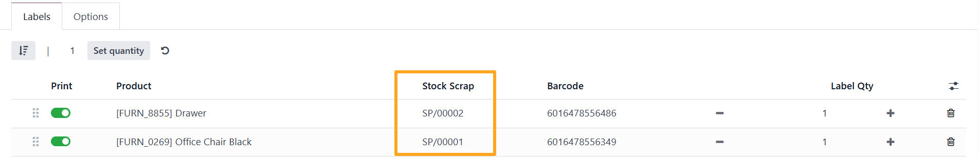 Odoo 18.0 Inventory App Stock Scrap Order Custom Product Labels Print Wizard