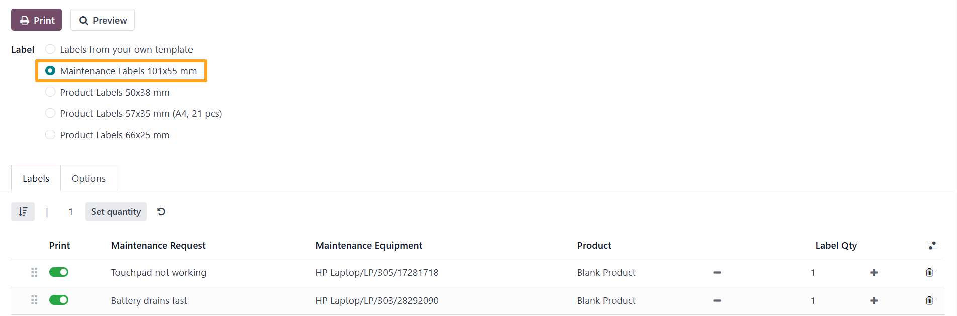 Odoo 18.0 Maintanence Request Equipment Custom Product Labels Print Wizard