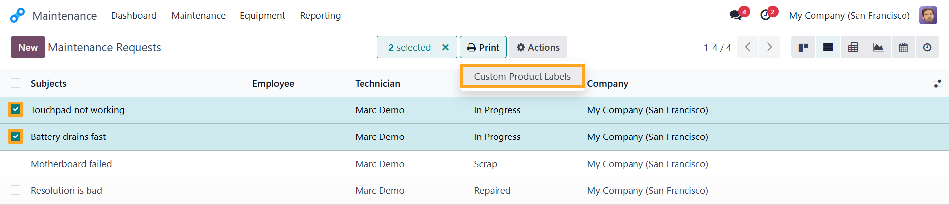 Odoo 18.0 Maintenance Requests Print Custom Product Labels