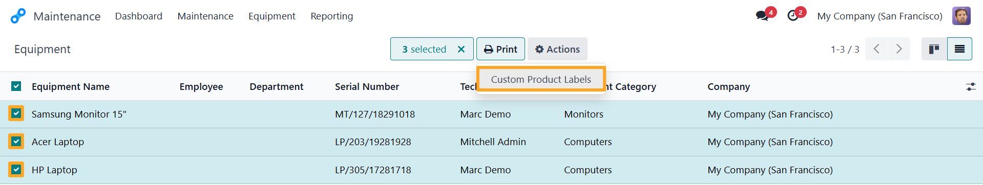 Odoo 18.0 Maintenance Equipment Print Custom Product Labels