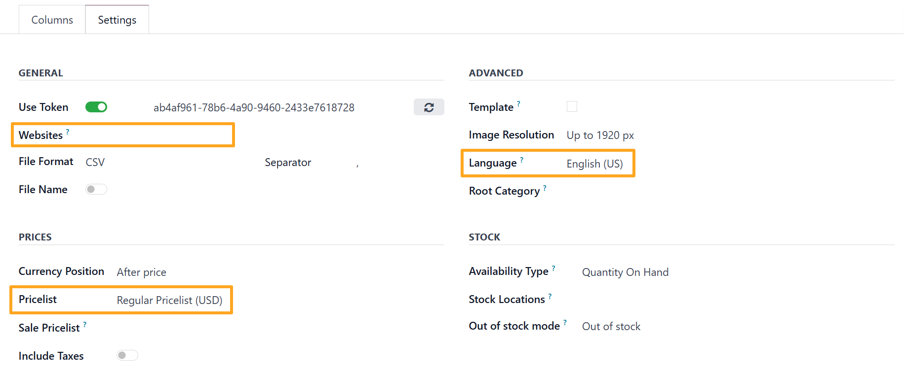 Odoo Facebook Data Feed Settings Websites Language Pricelist