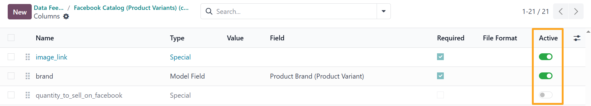Odoo Facebook Product Data Feed Columns