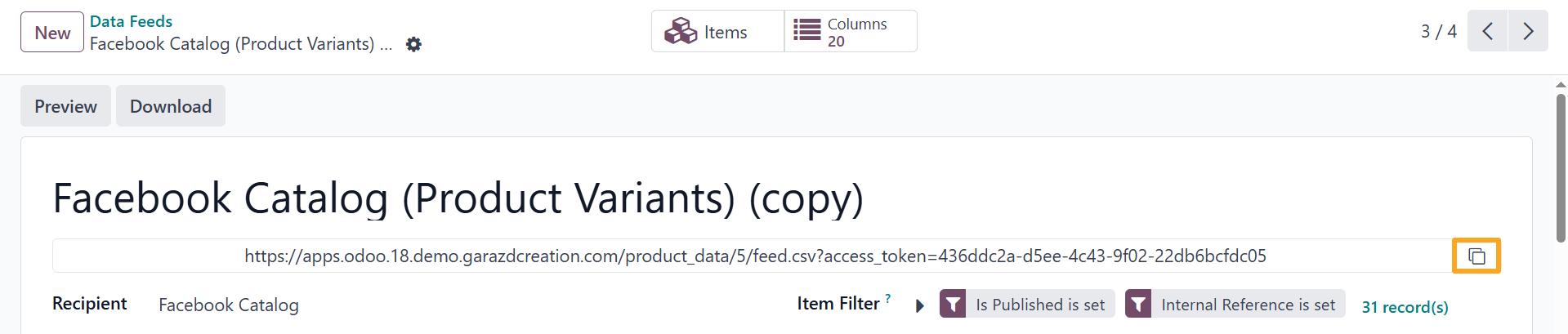 Odoo Facebook Product Data Feed URL