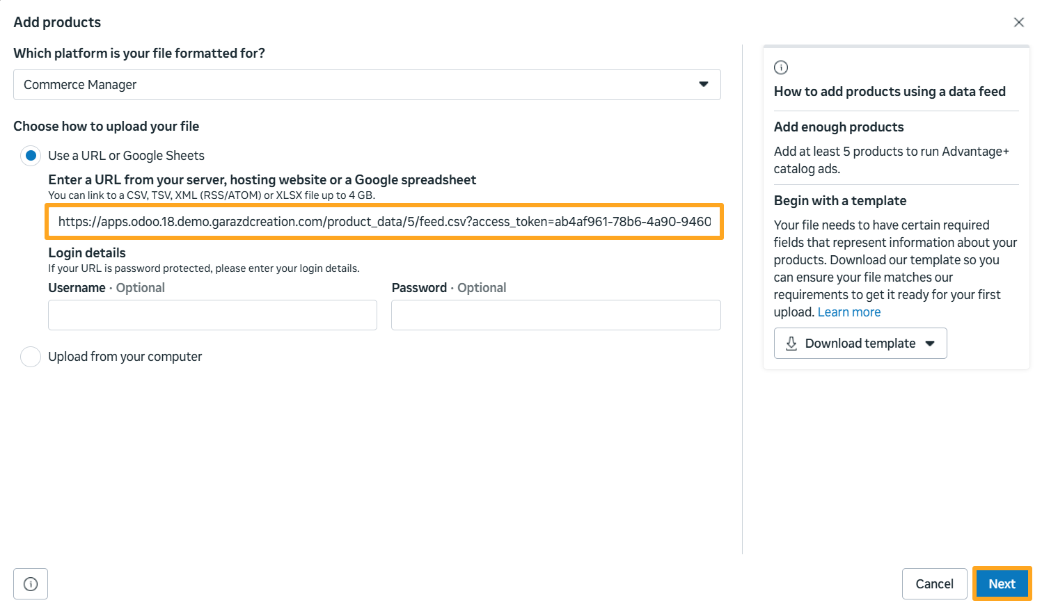 Meta Facebook Commerce Manager Add Products Feed URL