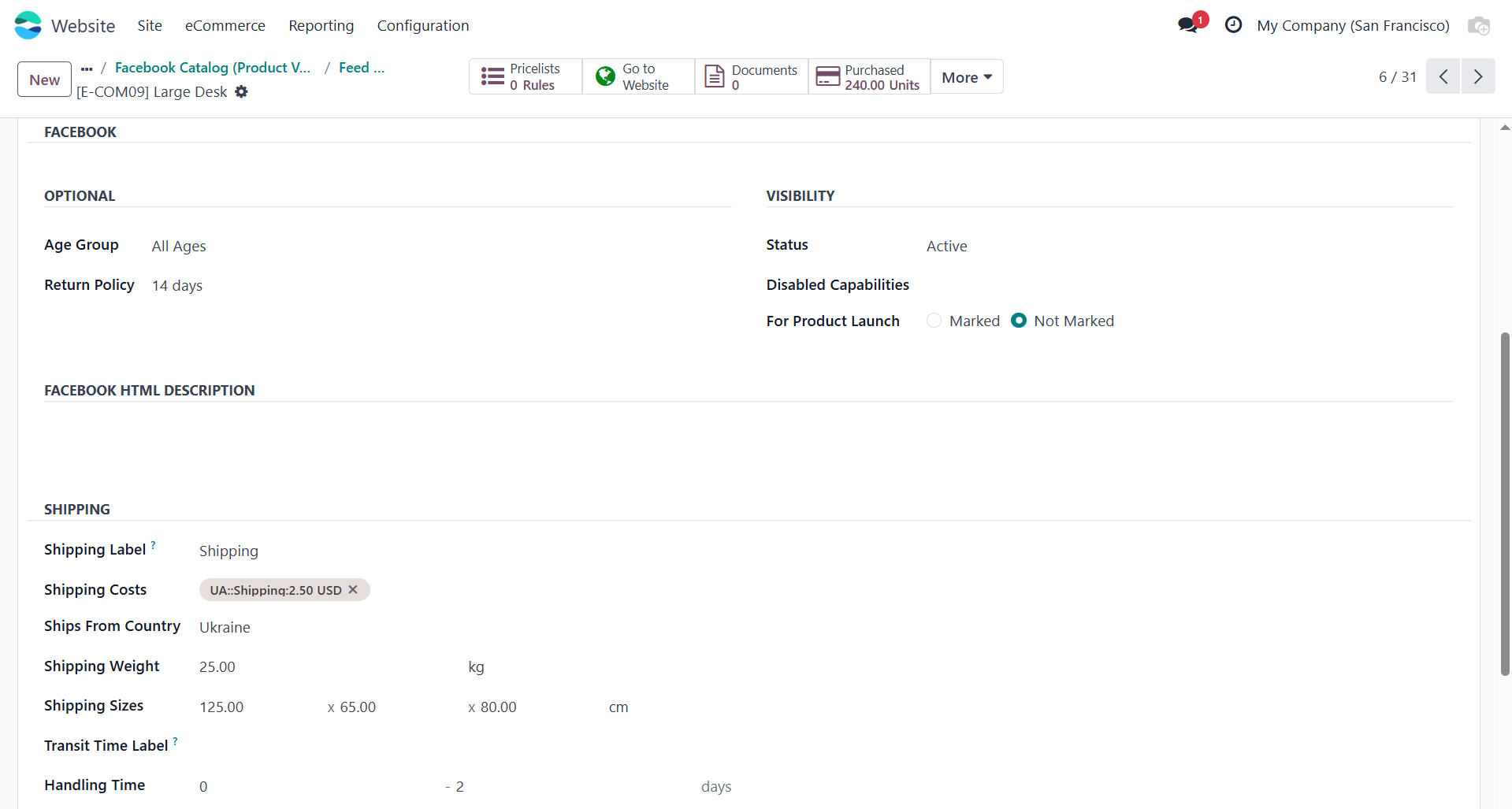 Odoo Facebook Data Feed Product Settings