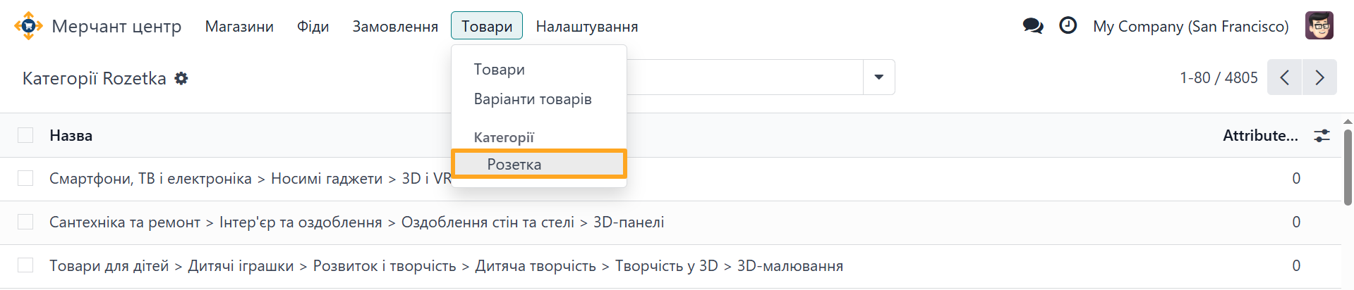 Odoo Merchant Center Rozetka Categories