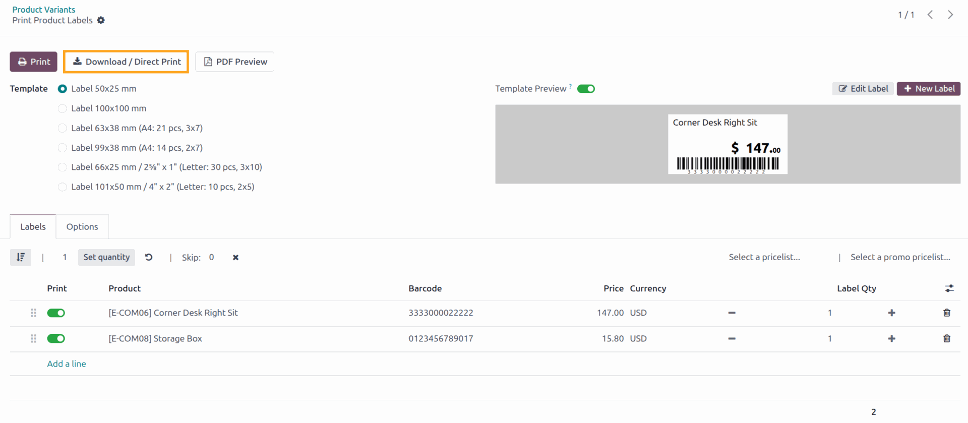 odoo product label direct print