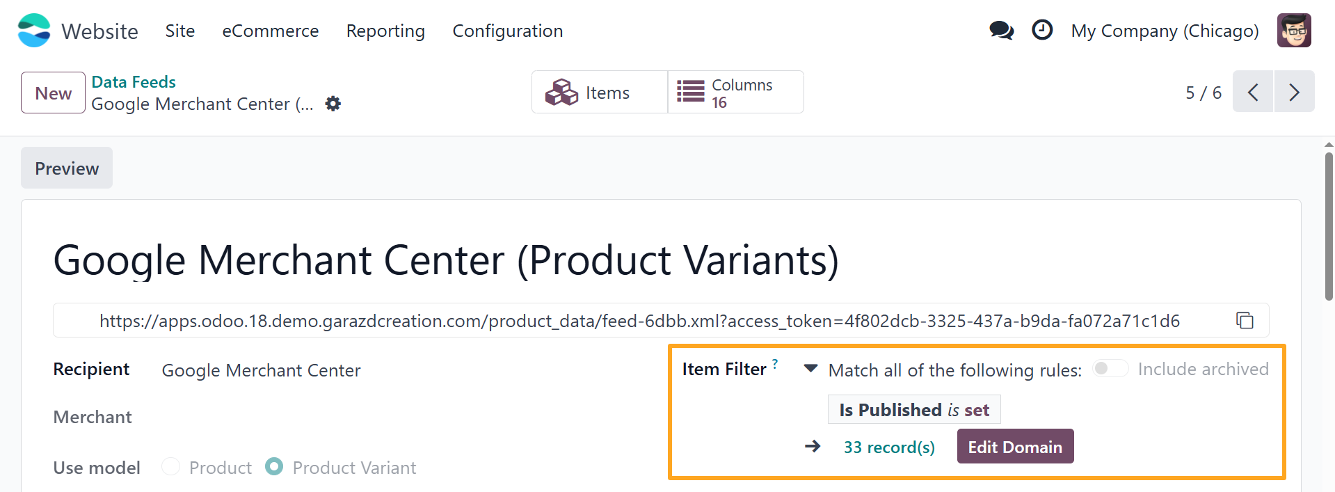 Odoo 19.0 Google Merchant Center GMC Product Feed Filters