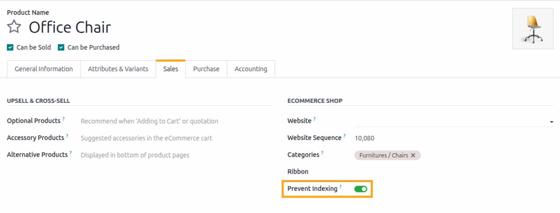 Prevent indexing products in Odoo 18.0, product settings