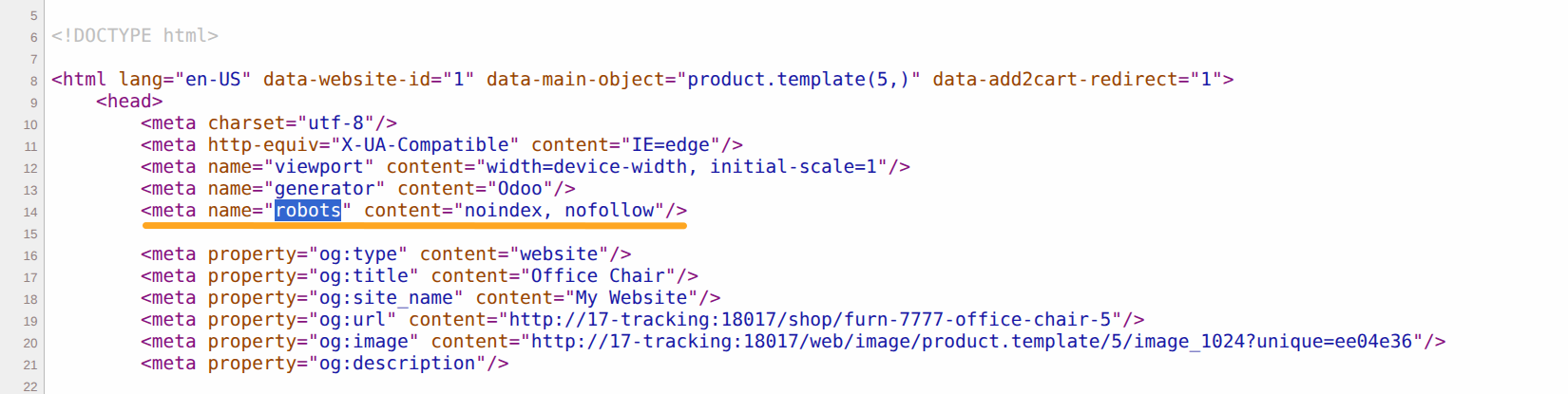Meta tag robots noindex nofollow on e-commerce webpage Odoo 18.0