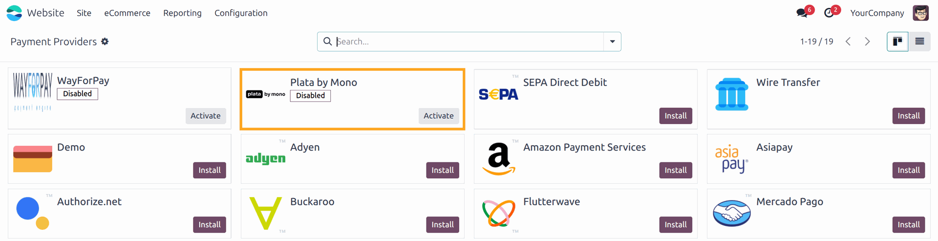Odoo plata by mono payment provider in 18.0