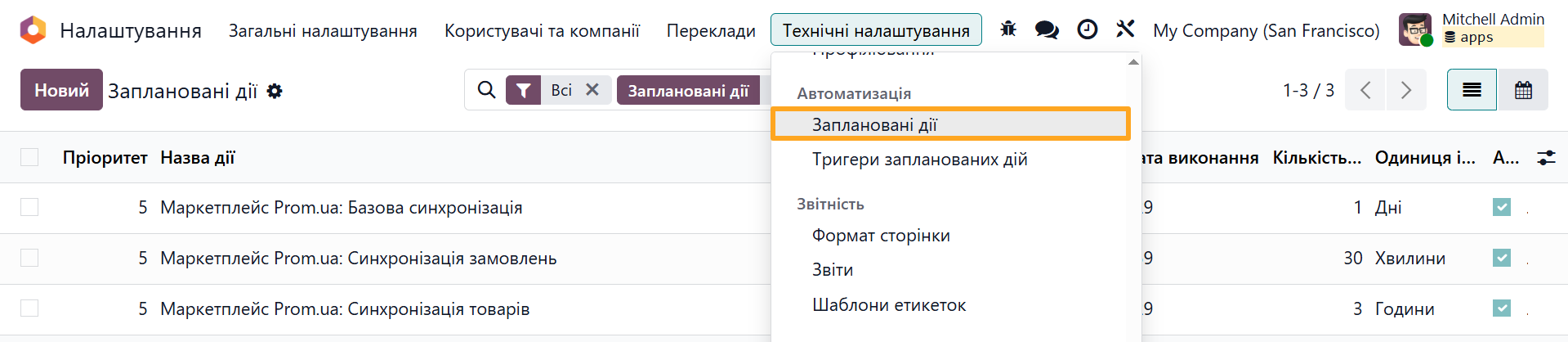 odoo settings technical automation scheduled actions prom ua