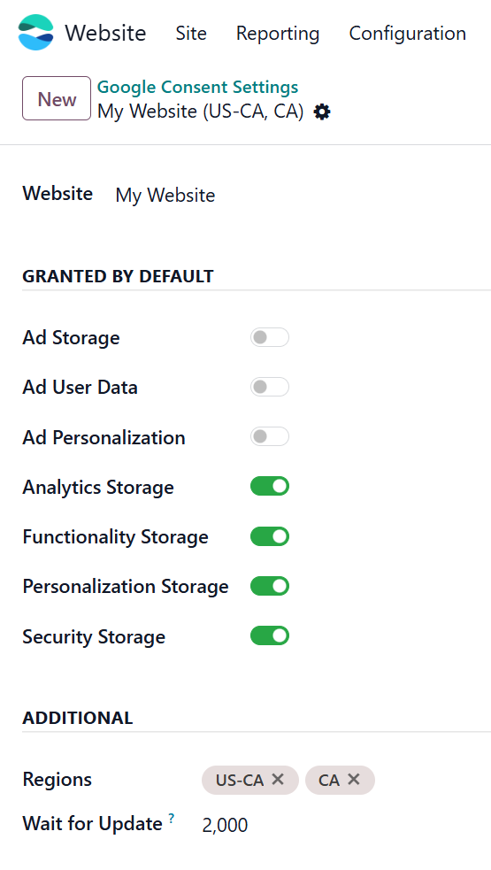 Google Consent Mode setting default values in Odoo 19.0