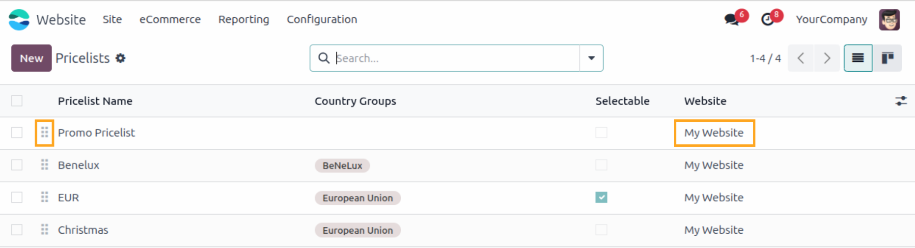 odoo website pricelists sequence