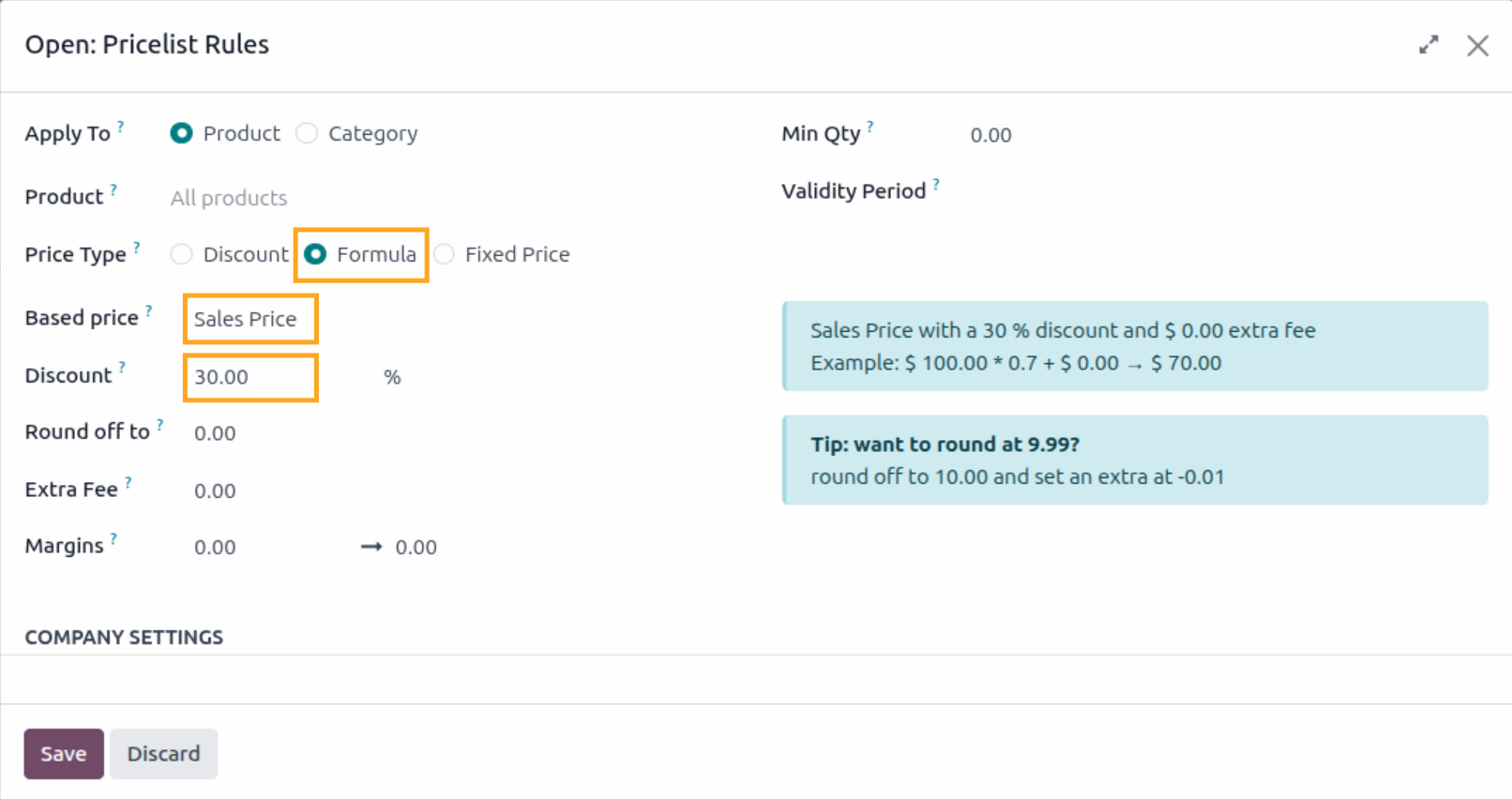 odoo pricelist rules formula based sales price