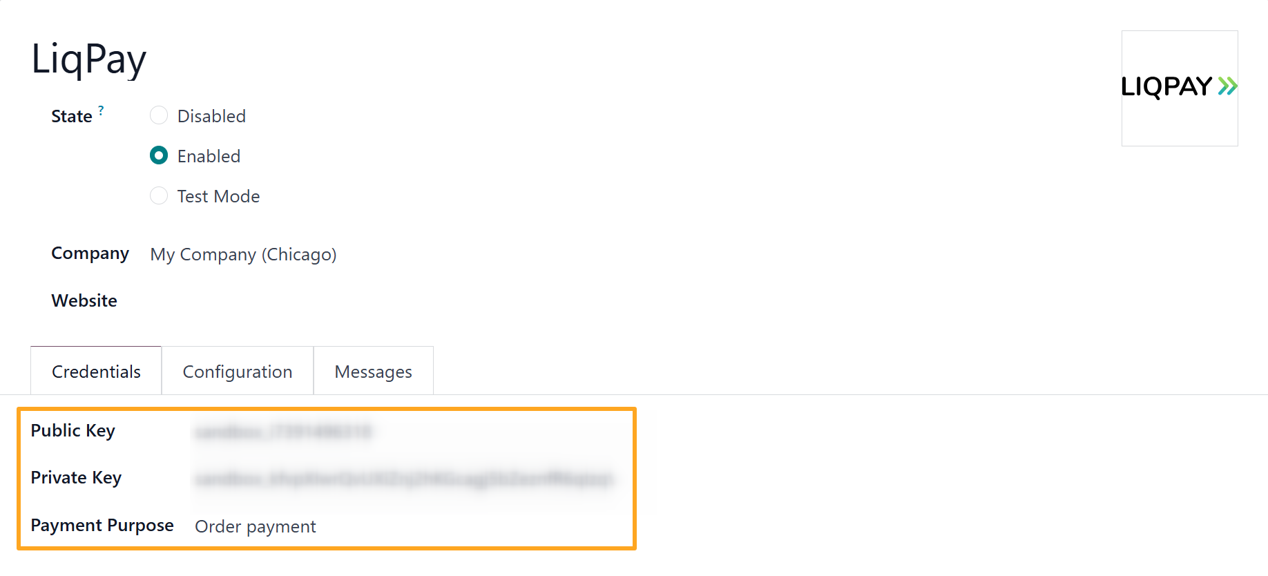 Odoo 19.0 payment providers liqpay credentials