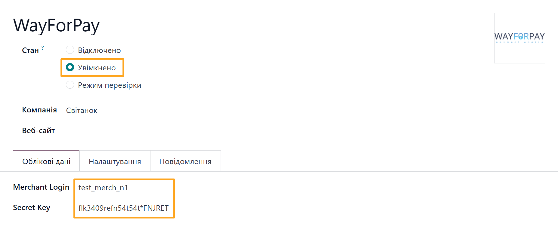 Odoo 19.0 payment providers wayforpay credentials