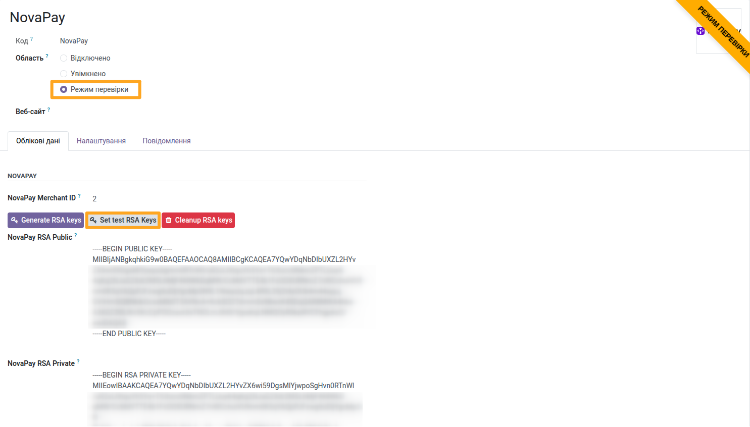 Odoo 18.0 payment providers novapay credentials test mode
