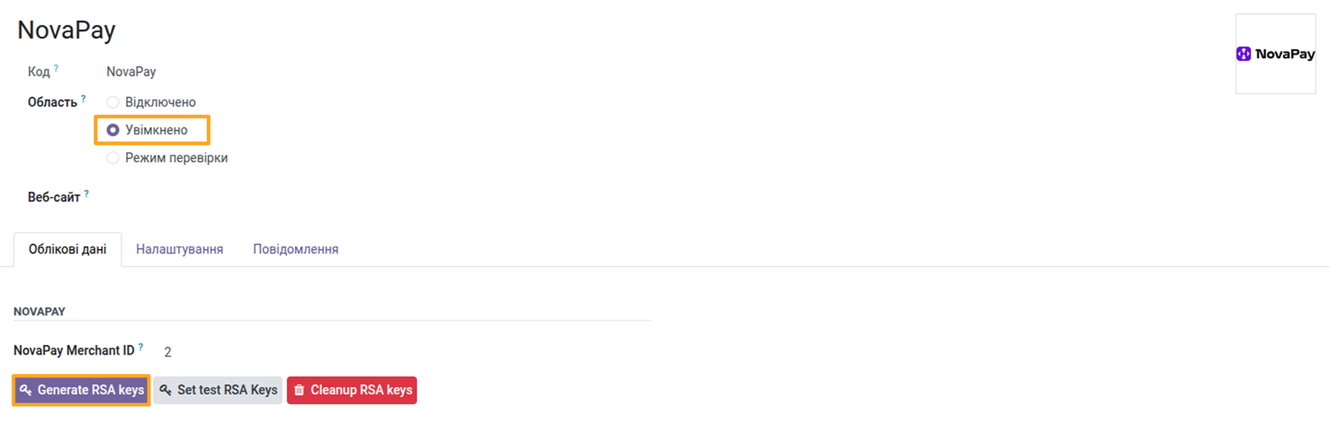 Odoo 18.0 payment providers novapay credentials
