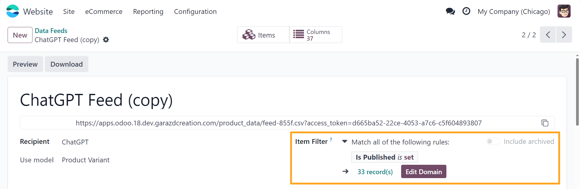 Odoo 18.0 chatgpt product data feed item filter