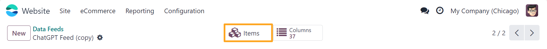 Odoo 18.0 chatgpt product data feed items button