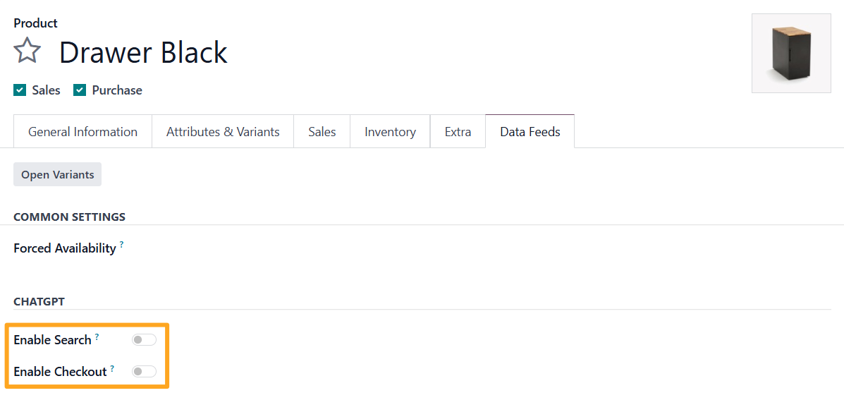 Odoo 18.0 chatgpt data feed product enable search checkout