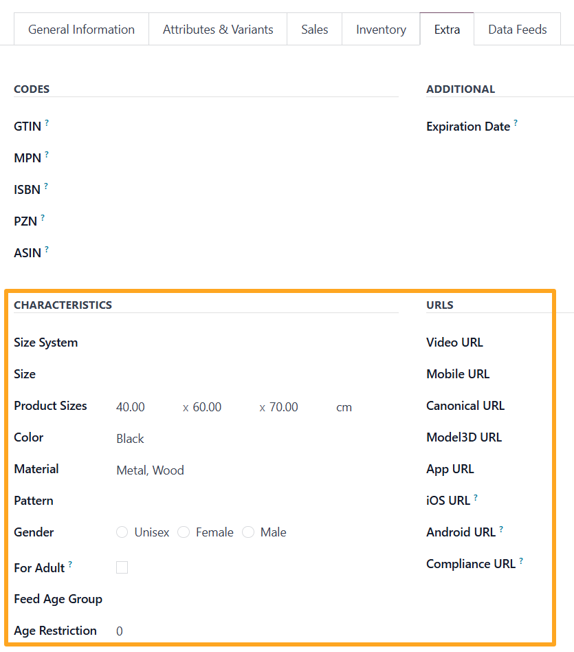 Odoo 18.0 chatgpt data feed product characteristics urls
