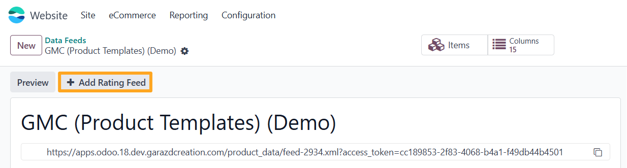 Odoo 19.0 gmc product review add rating feed