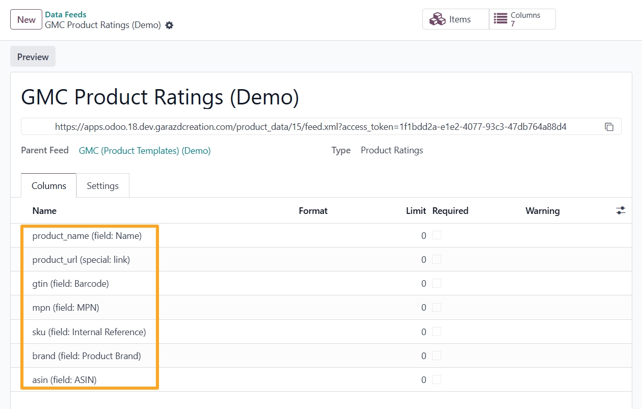 Odoo 19.0 gmc product review rating feed