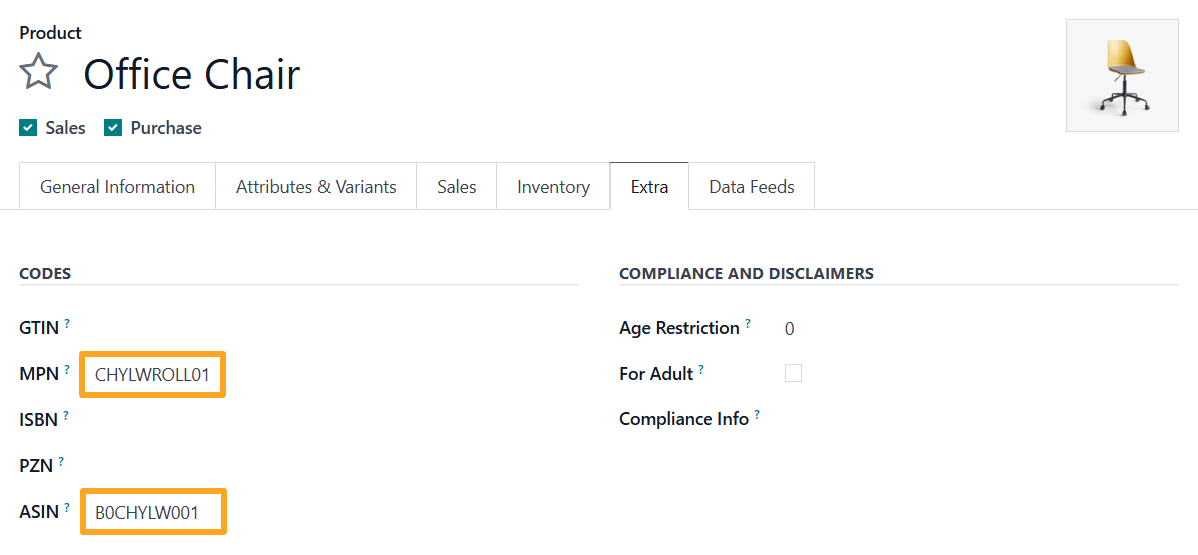 Odoo 19.0 gmc product review rating feed extra mpn asin